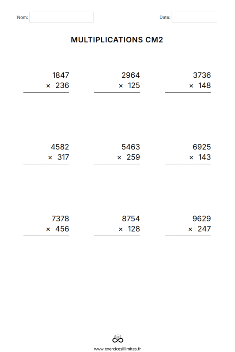 Exercices de multiplication CM2 à imprimer et en ligne
