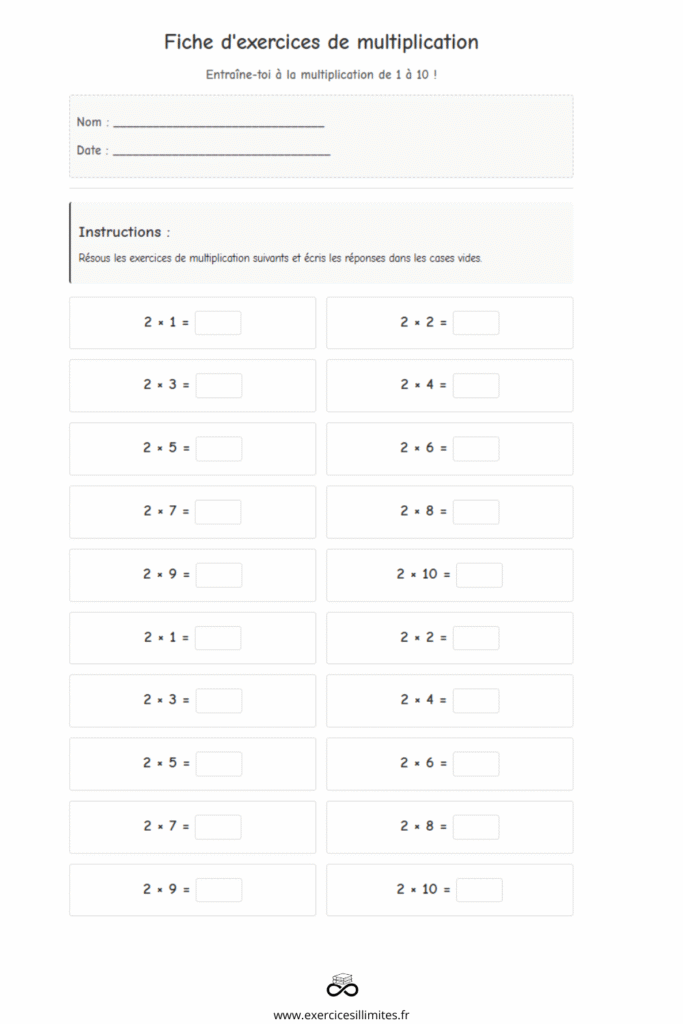 exercice table de multiplication 2