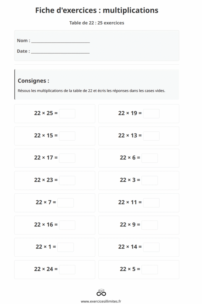 exercice table de multiplication 22
