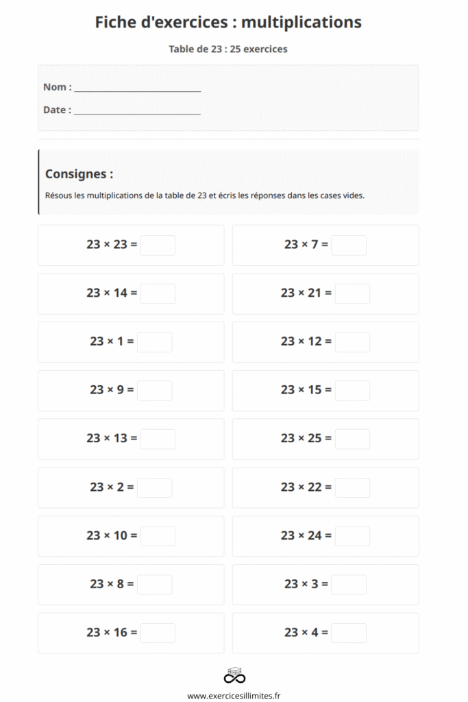 exercice table de multiplication 23