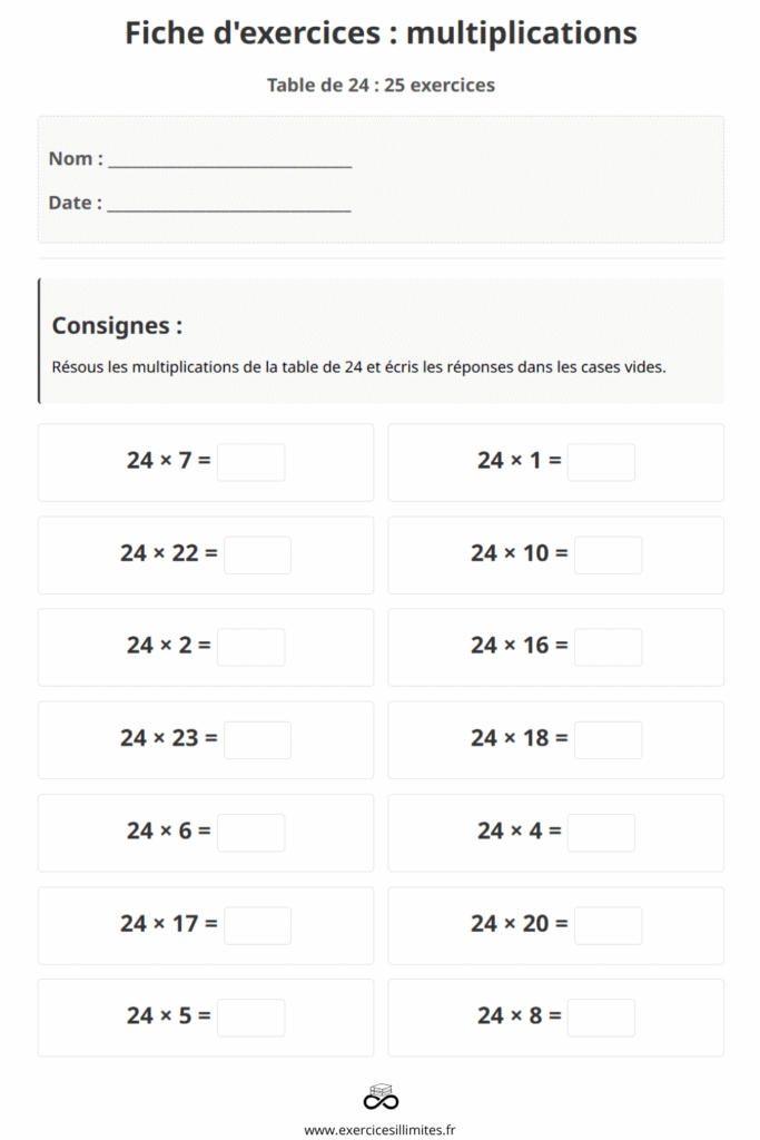 exercice table de multiplication 24