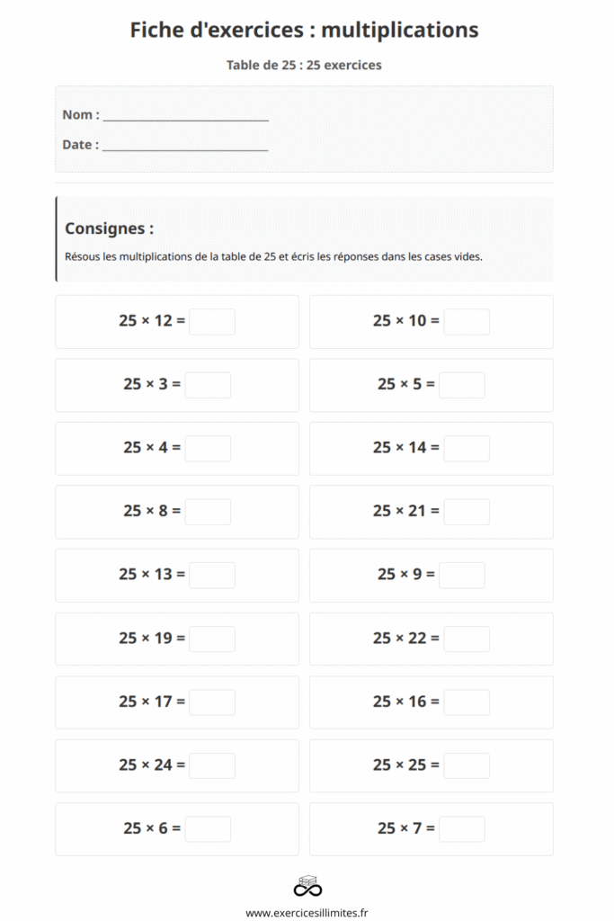 exercice table de multiplication 25