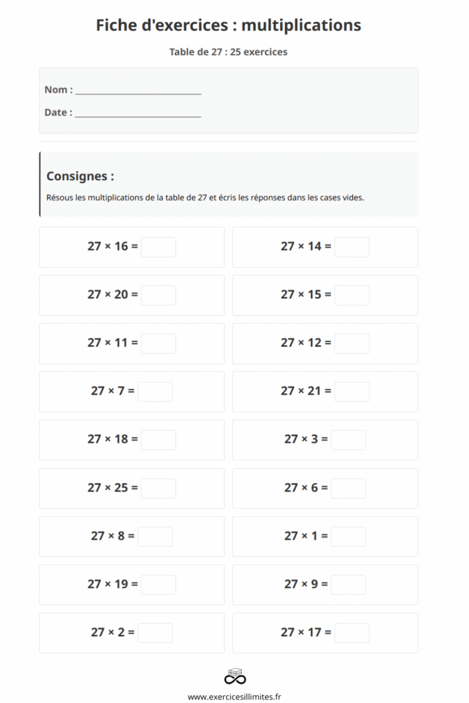 exercice table de multiplication 27