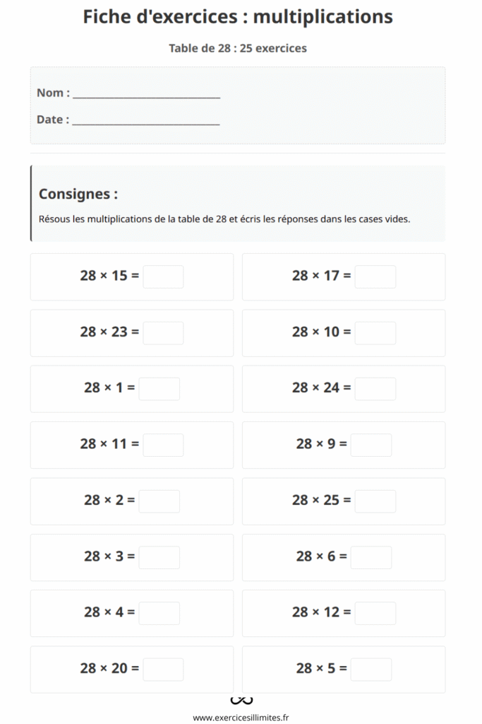 exercice table de multiplication 28