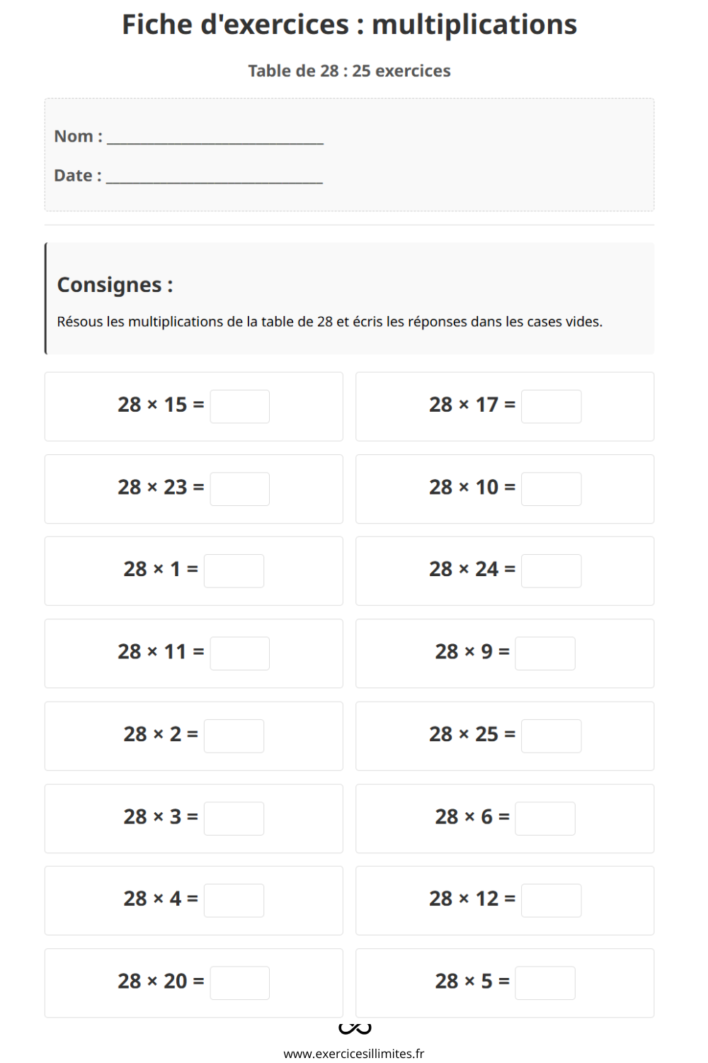 Table de multiplication de 28 – Exercices et évaluation
