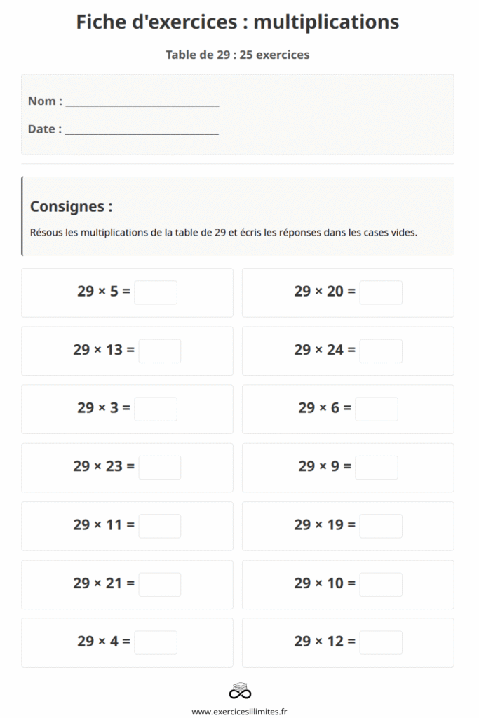 exercice table de multiplication 29