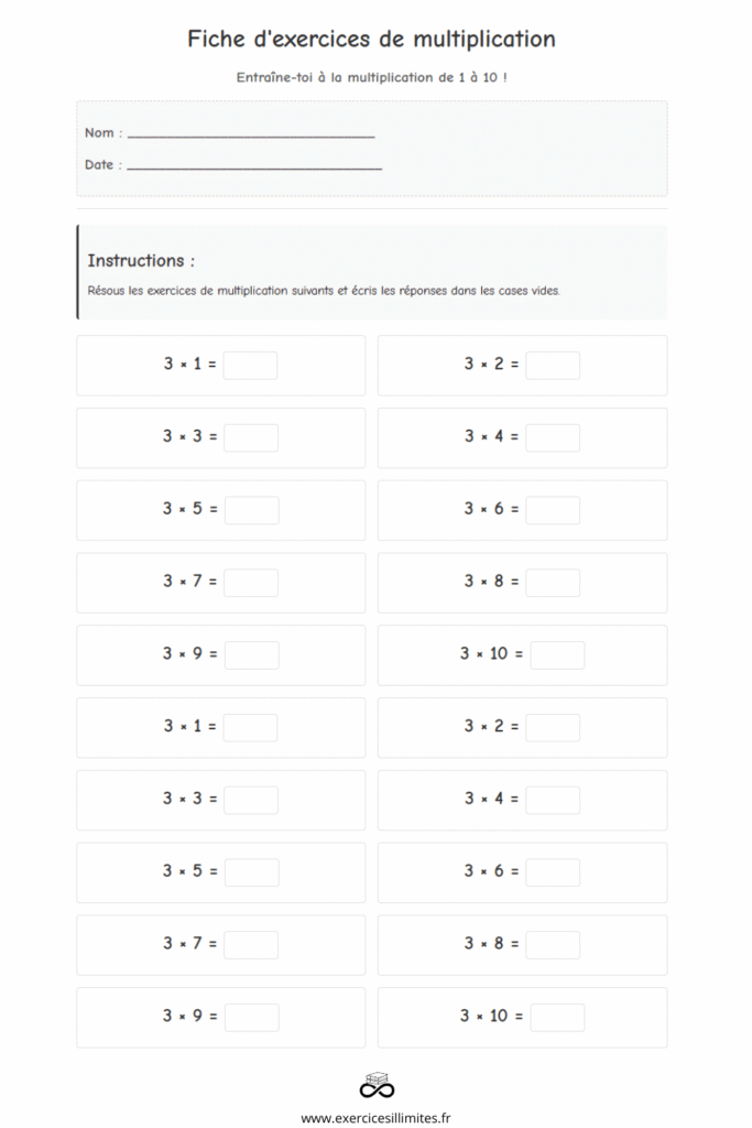exercice table de multiplication 3