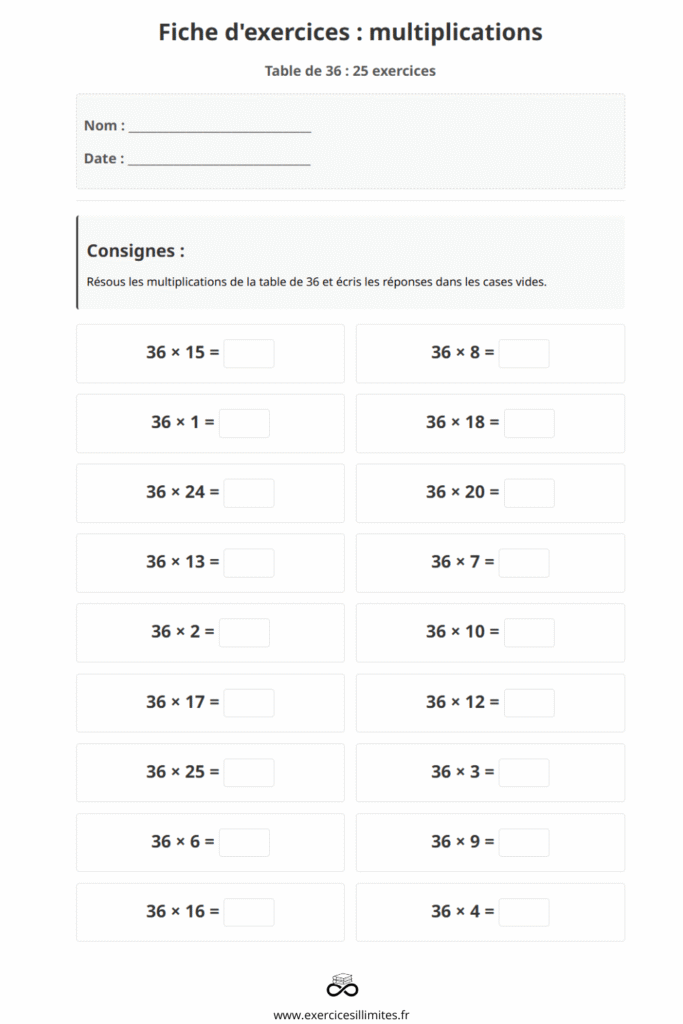 exercice table de multiplication 36