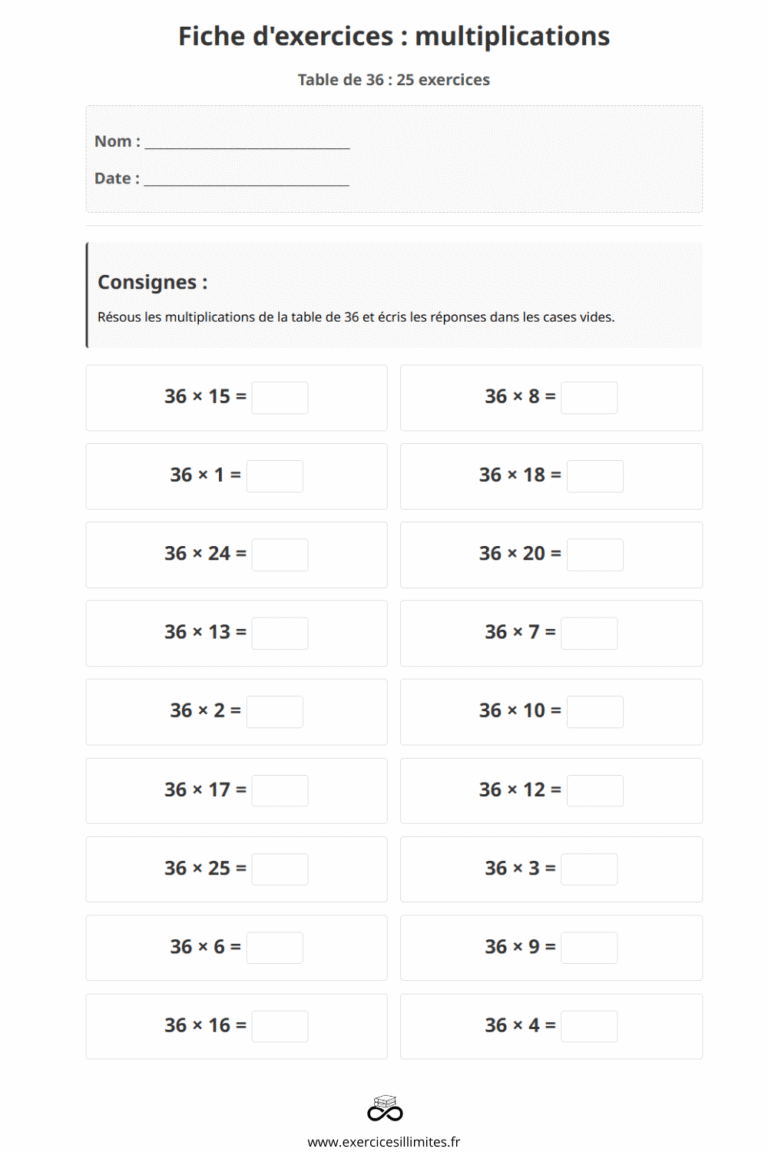 Table de multiplication de 36 – Exercices et évaluation
