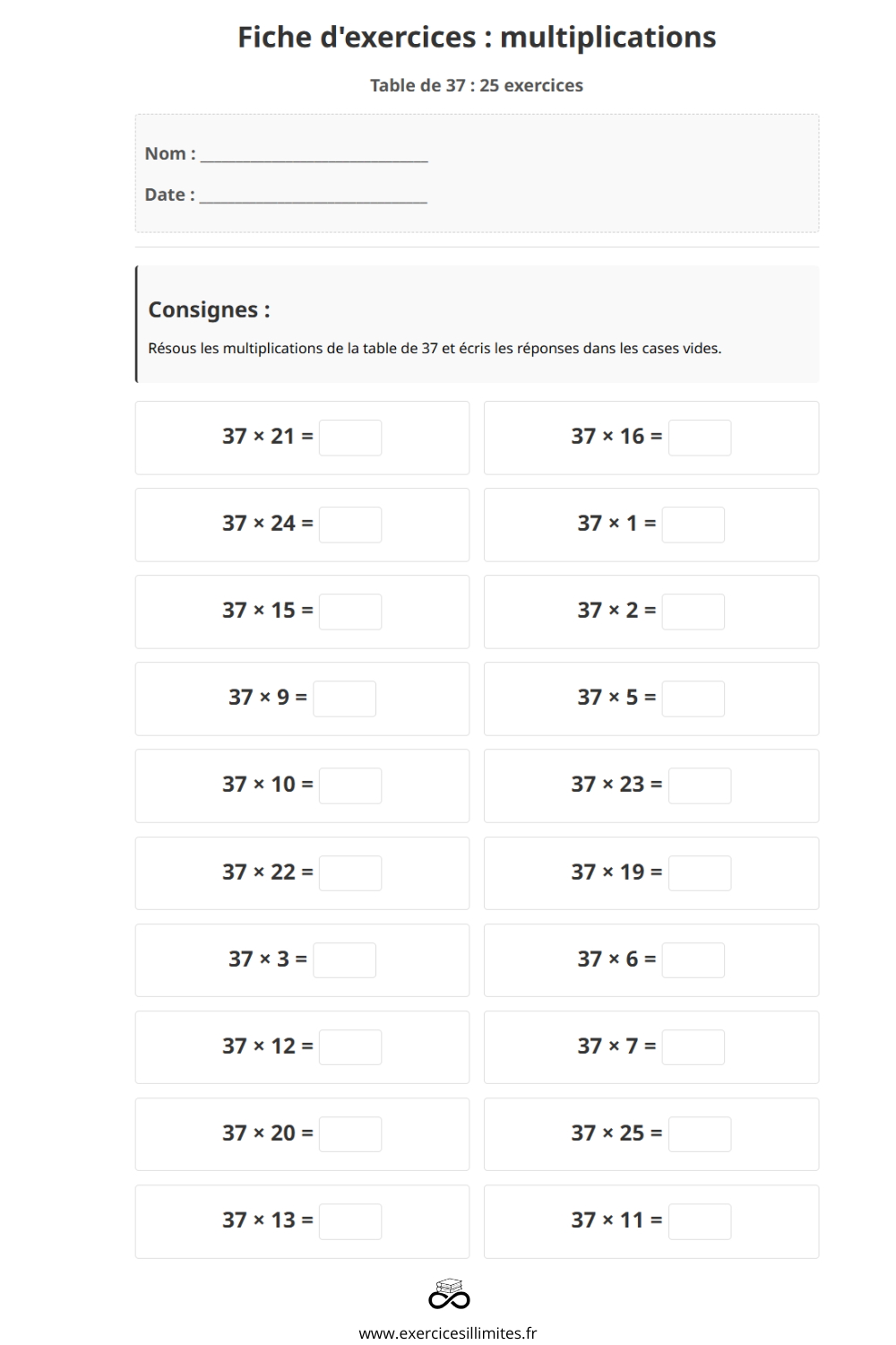 Table de multiplication de 37 – Exercices et évaluation