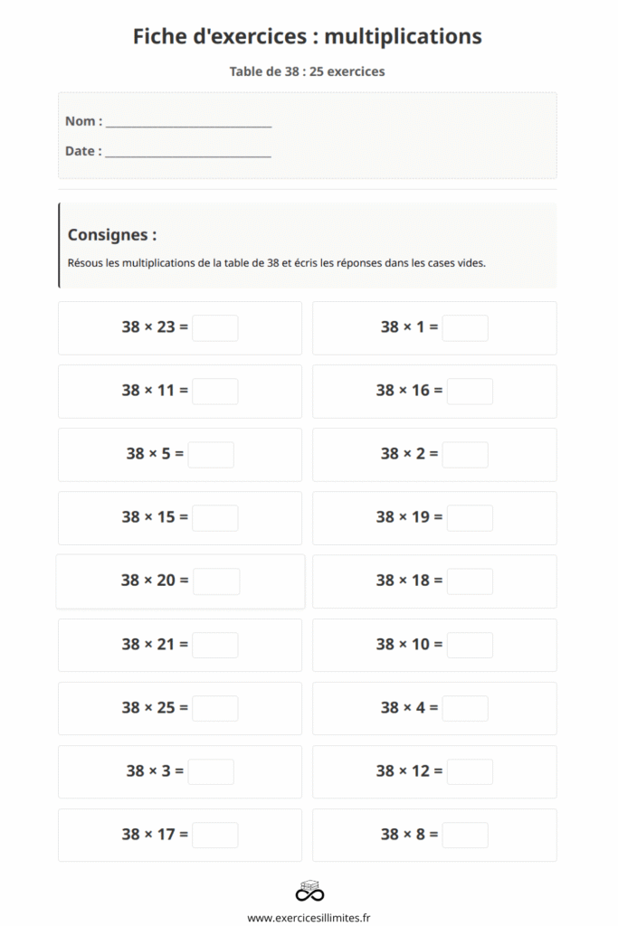 exercice table de multiplication 38