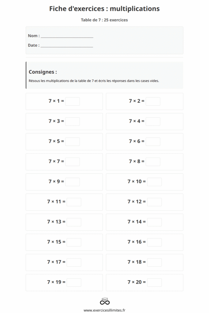 exercice table de multiplication 7