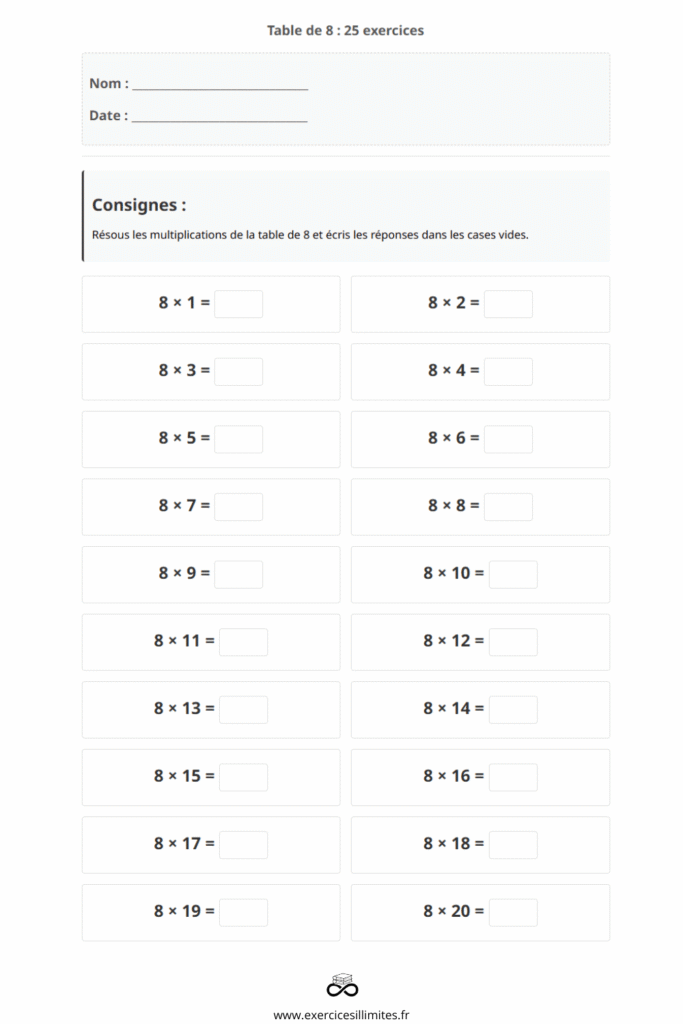 exercice table de multiplication 8