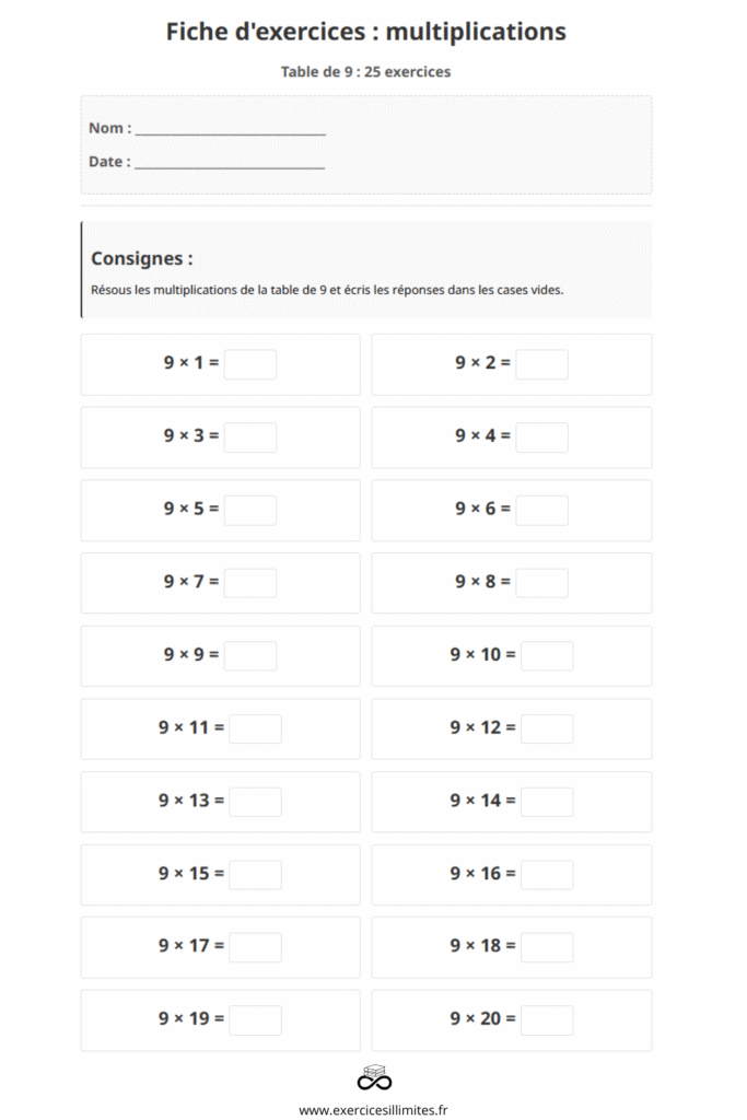 exercice table de multiplication 9