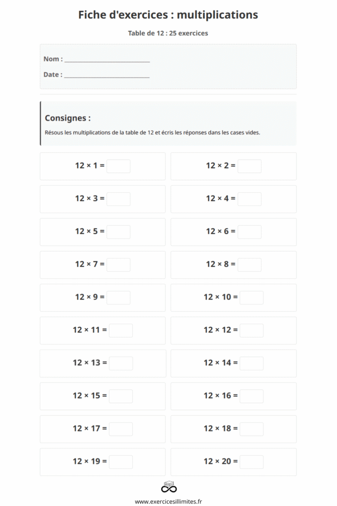 table de multiplication 12