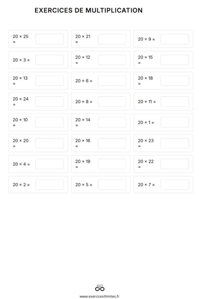 Table De Multiplication De 20 Exercices Et valuation Table de multiplication de 20 exercices et valuation