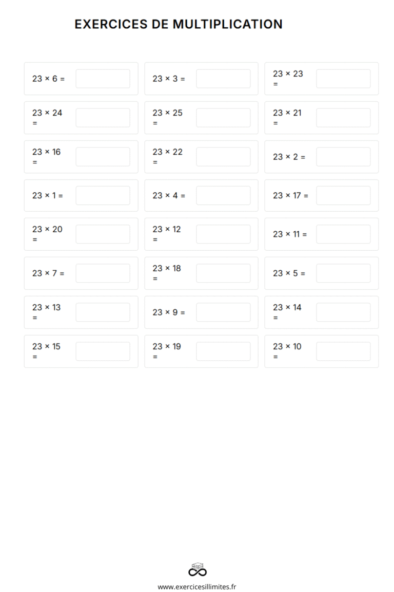 Table de multiplication de 23 Exercices et évaluation