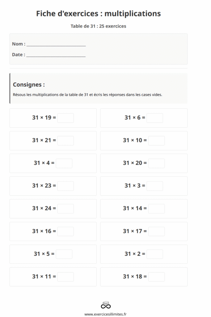 table de multiplication de 31