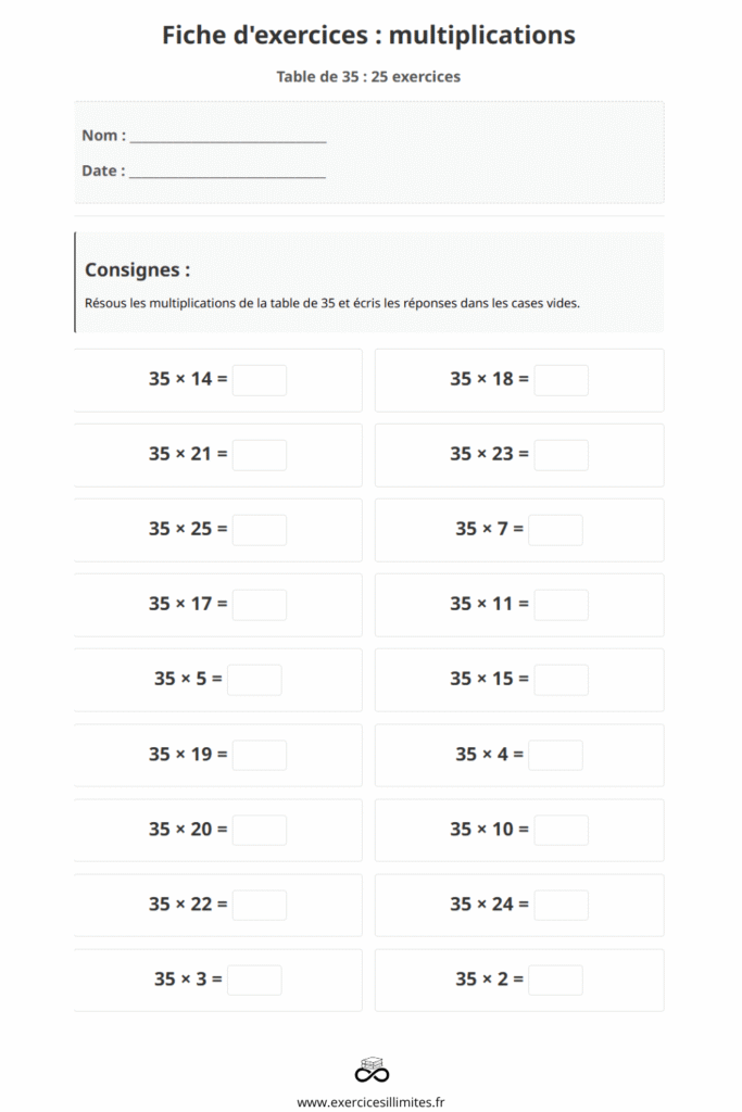 table de multiplication de 35