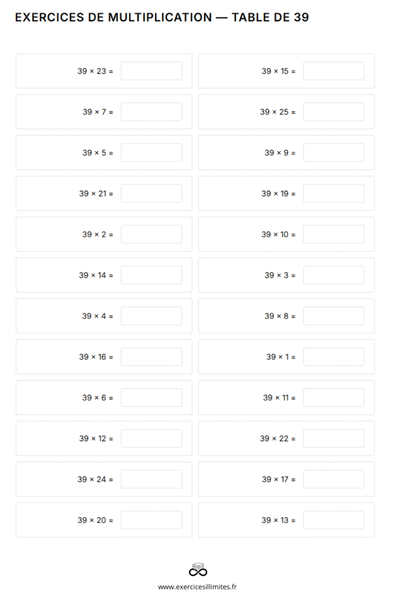 39 Times Tables Table de multiplication de 39 – Exercices et évaluation