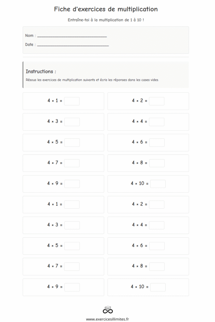 table de multiplication de 4