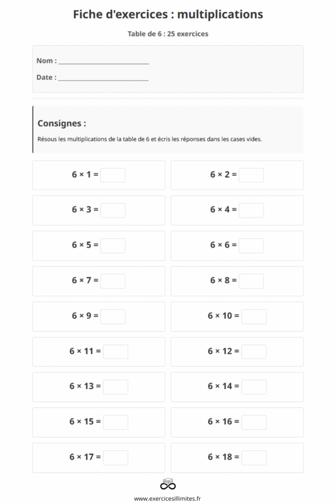 table de multiplication de 6