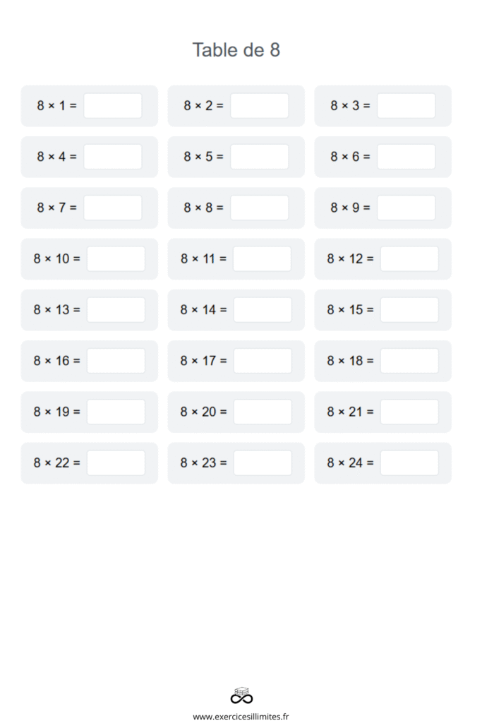 table de multiplication de 8