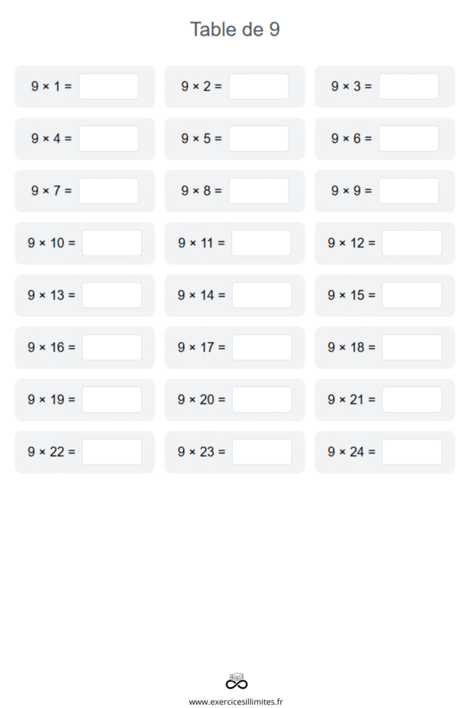 table de multiplication de 9