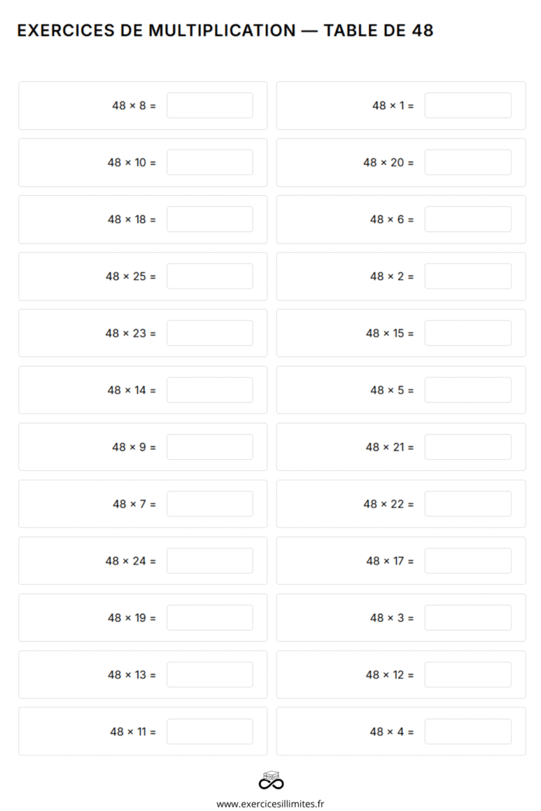 Table de multiplication de 48 – Exercices et évaluation