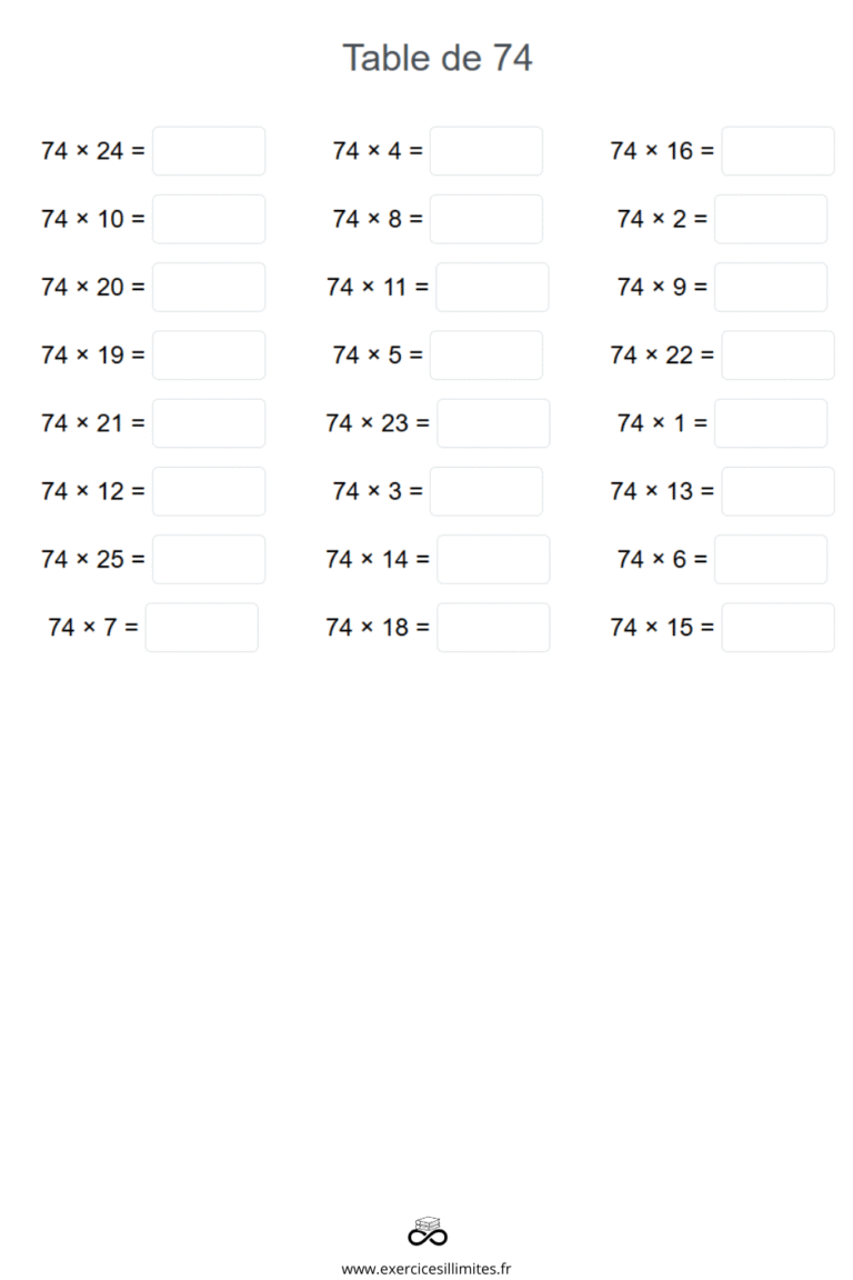 Table de multiplication de 74 – Exercices et évaluation