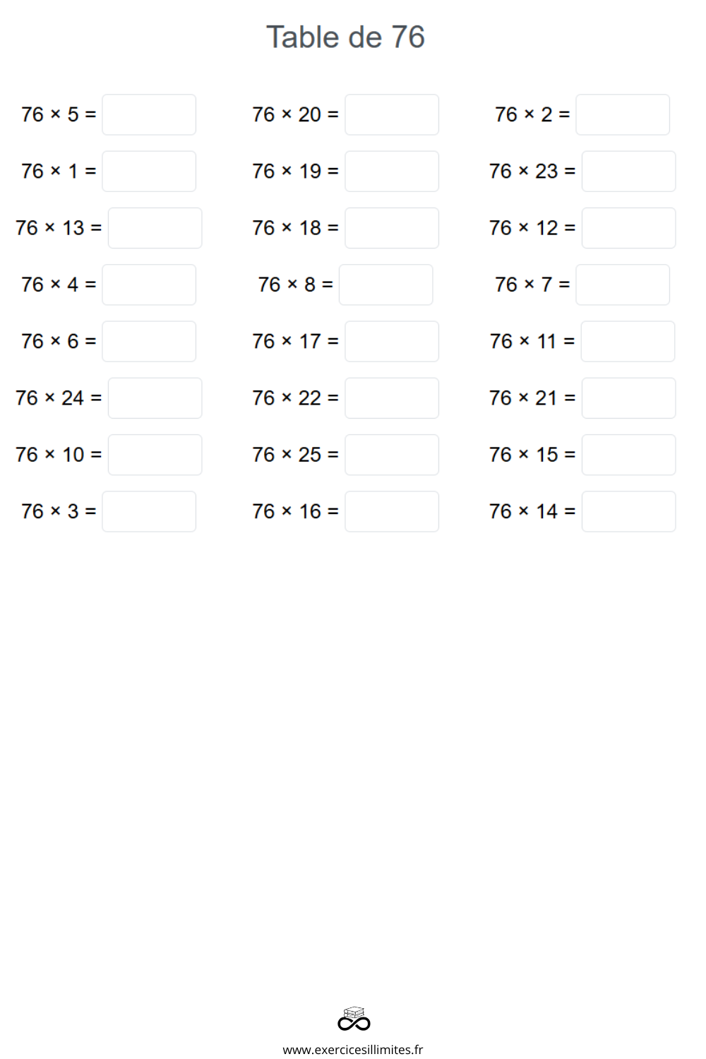 76 Table Math Table de multiplication de 76 – Exercices et évaluation