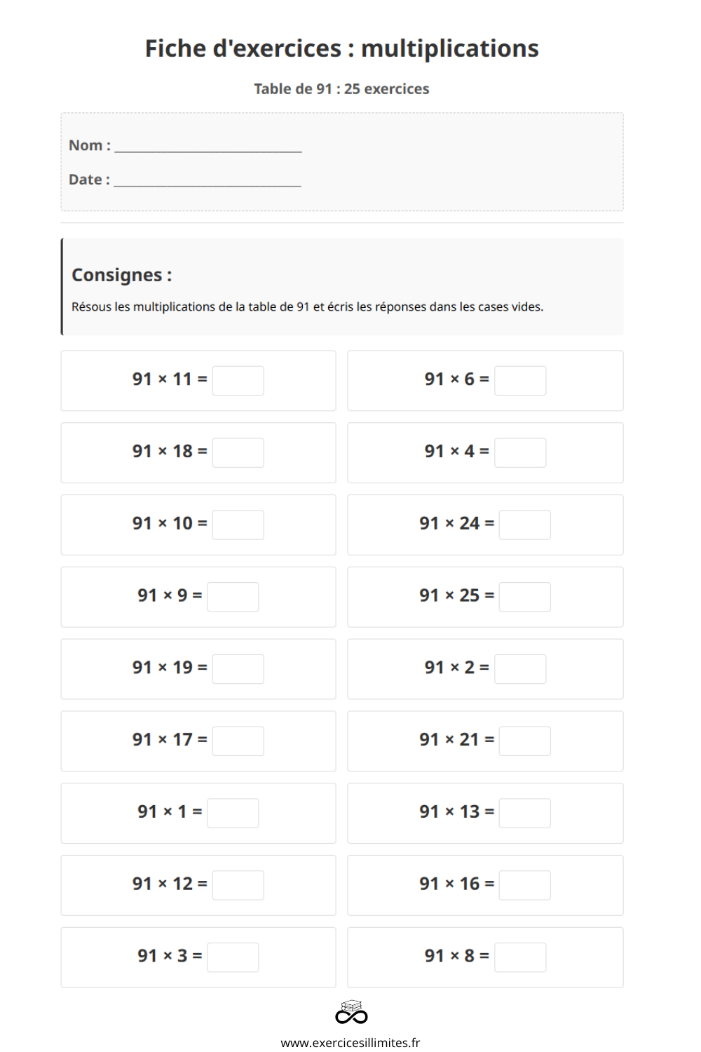 Table de multiplication de 91 – Exercices et évaluation