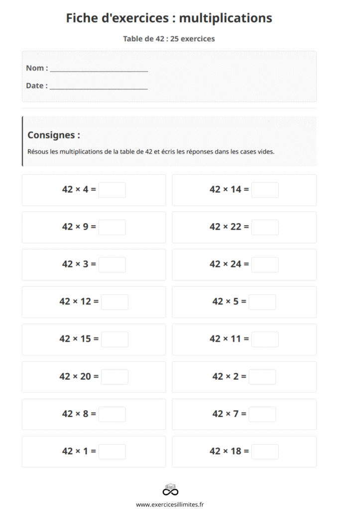 exercice table de multiplication 42