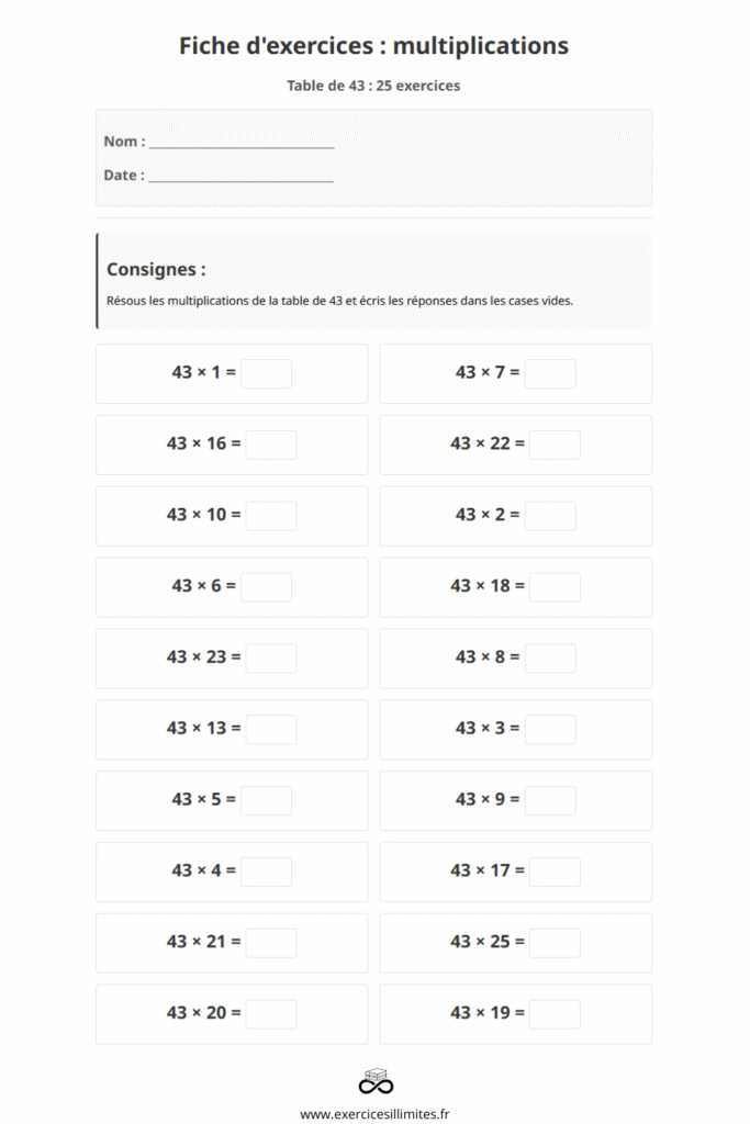 exercice table de multiplication 43