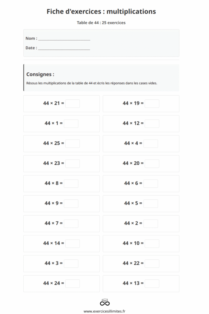 exercice table de multiplication 44