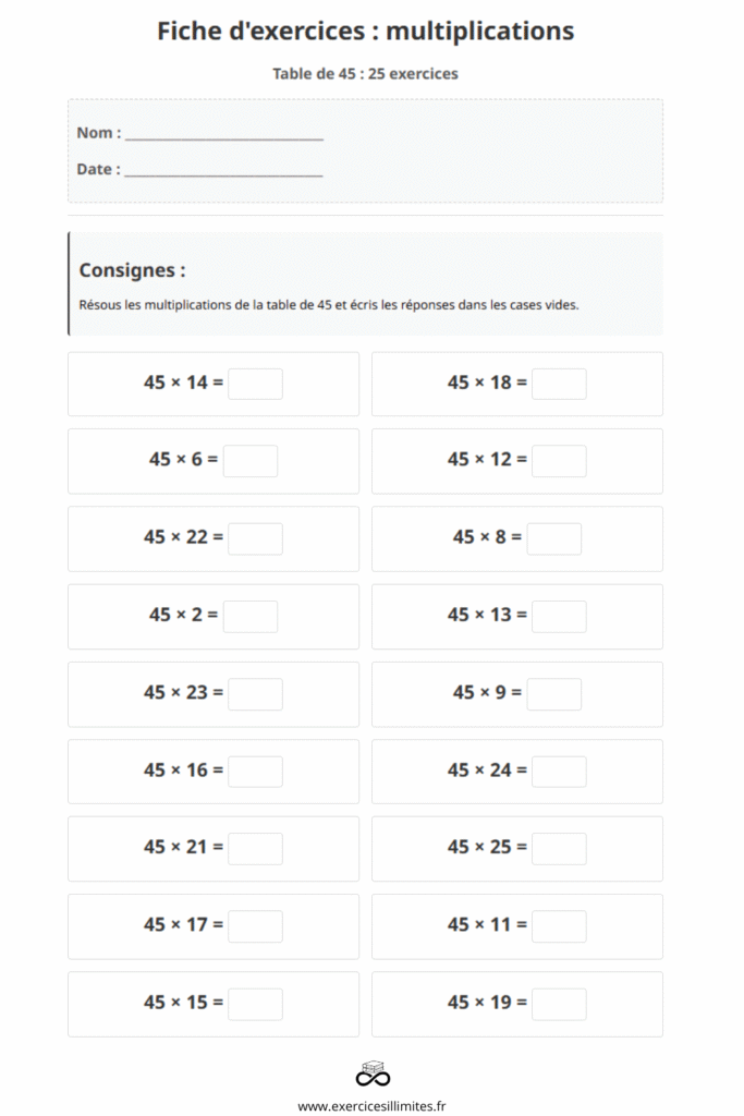 exercice table de multiplication 45