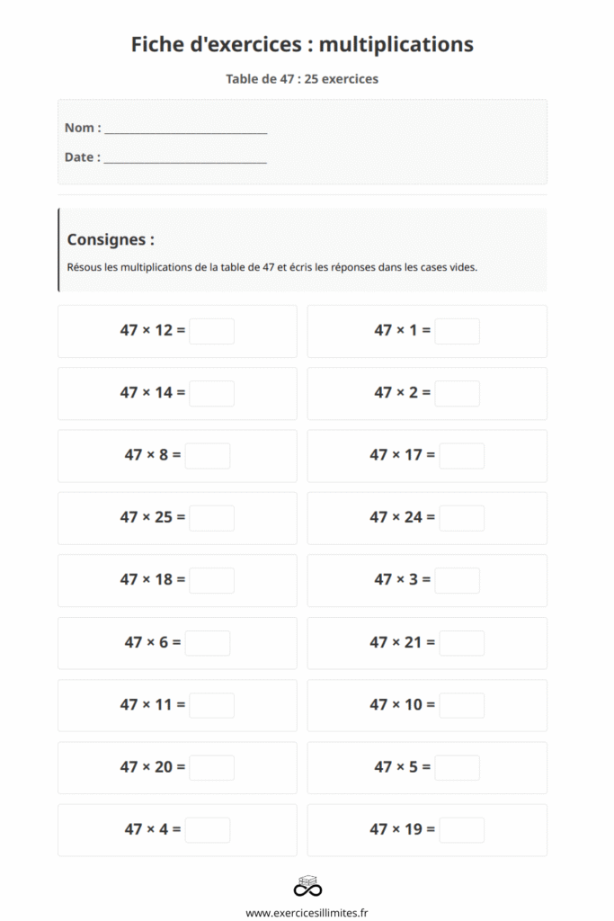 exercice table de multiplication 47