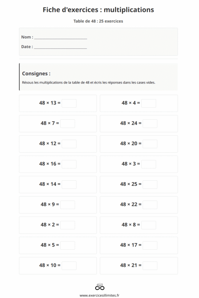 exercice table de multiplication 48