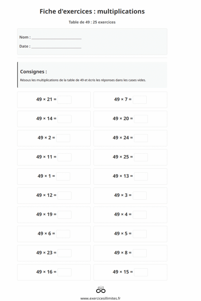 exercice table de multiplication 49
