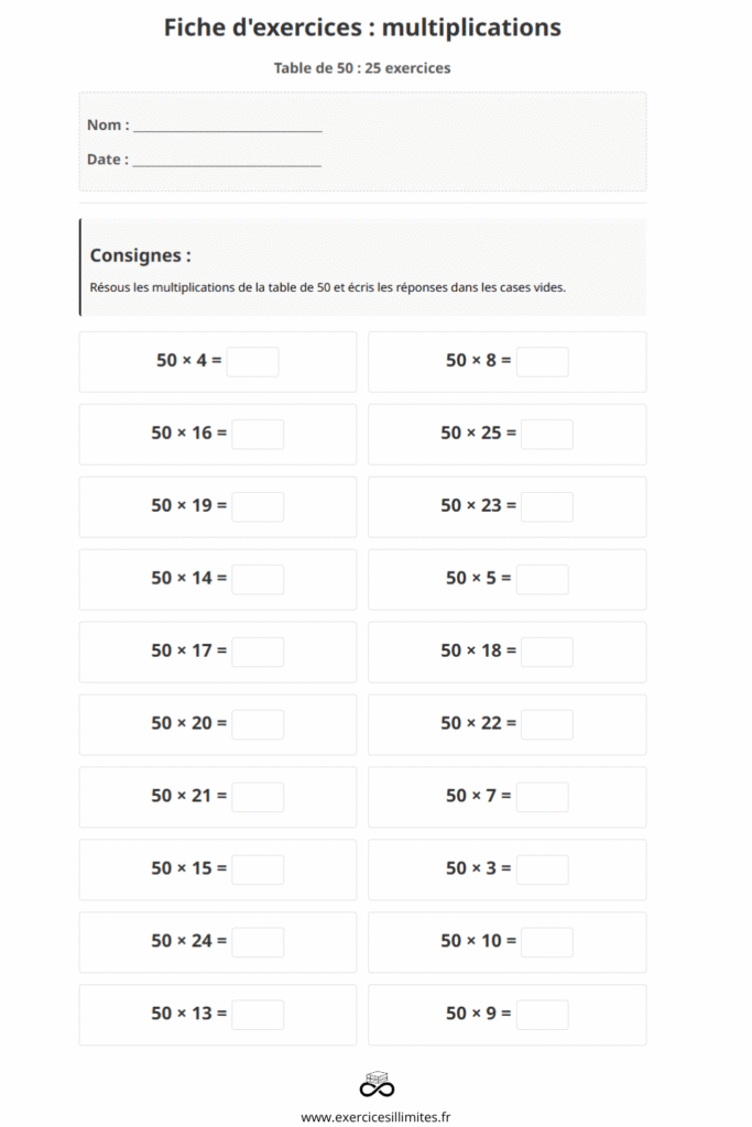 exercice table de multiplication 50