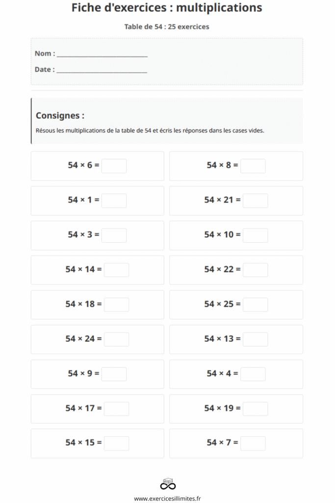 exercice table de multiplication 54
