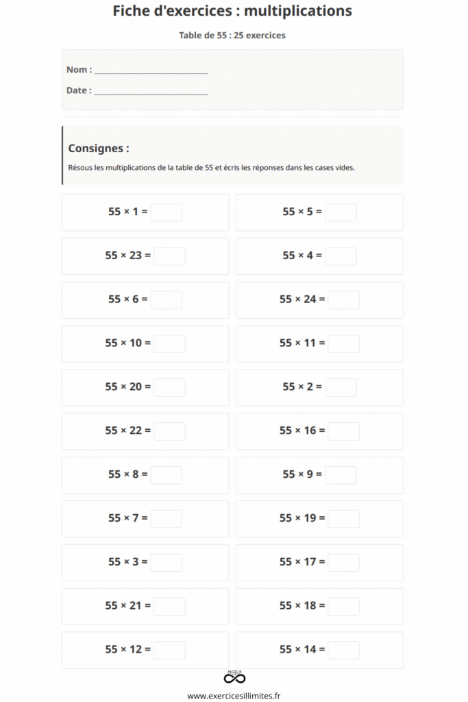 exercice table de multiplication 55