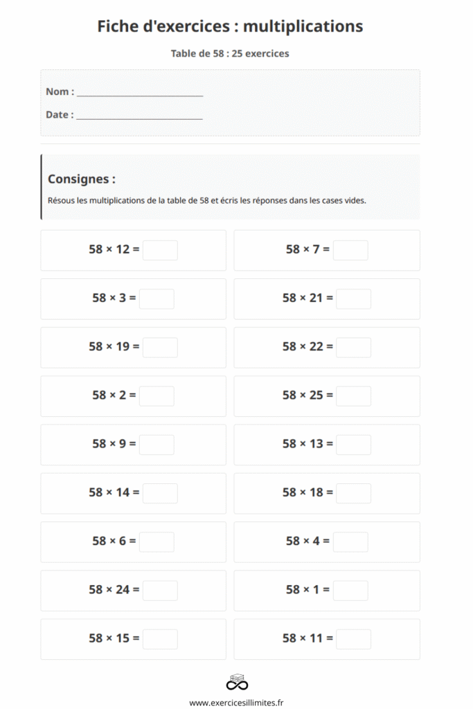 exercice table de multiplication 58