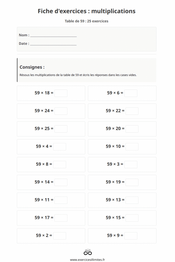 exercice table de multiplication 59