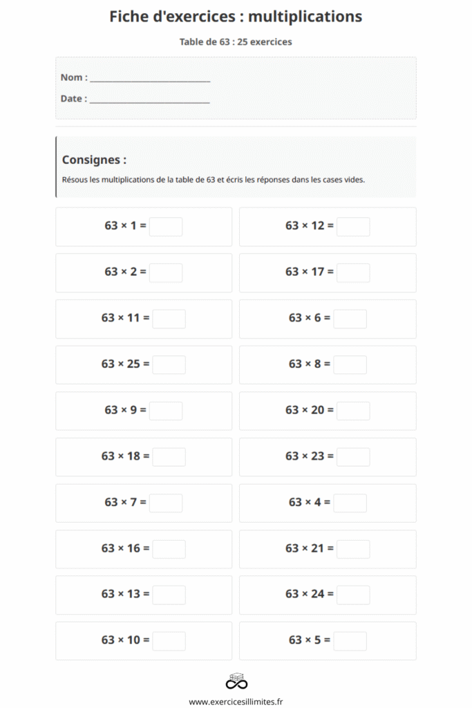 exercice table de multiplication 63