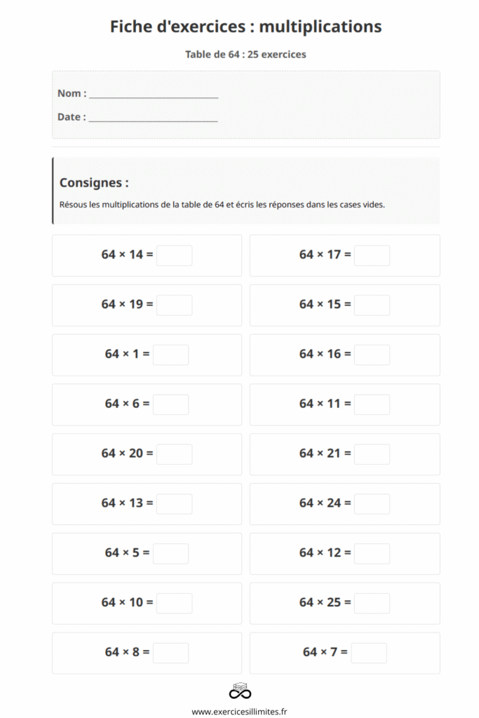 exercice table de multiplication 64