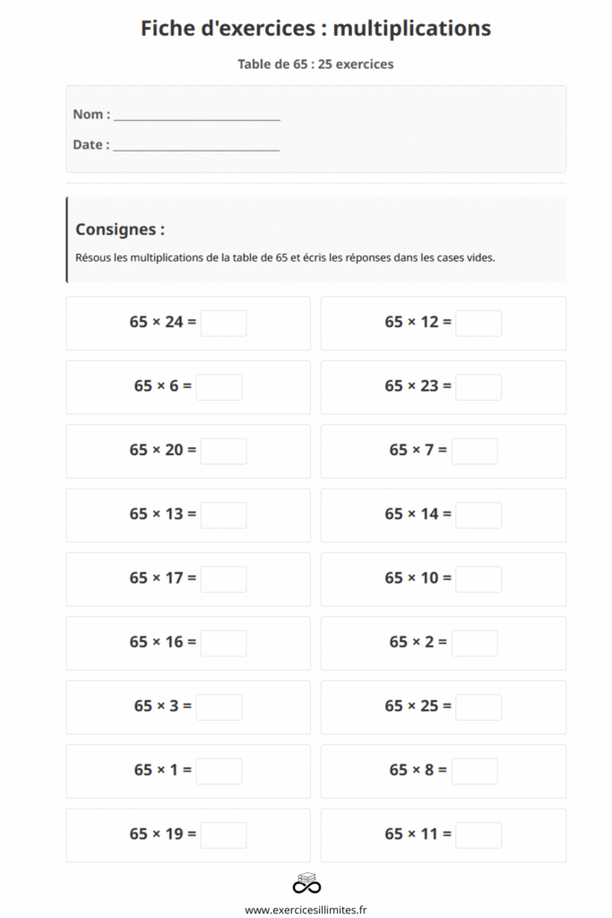 exercice table de multiplication 65