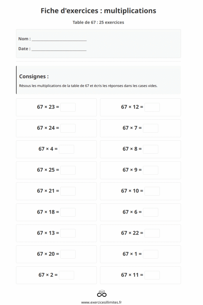 exercice table de multiplication 67