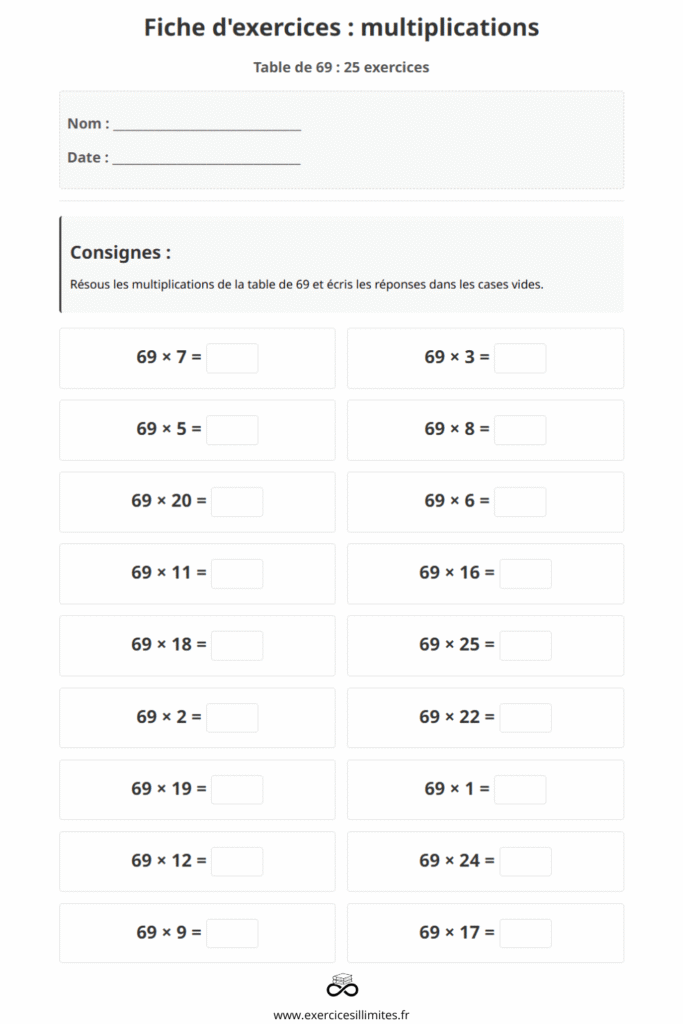 exercice table de multiplication 69