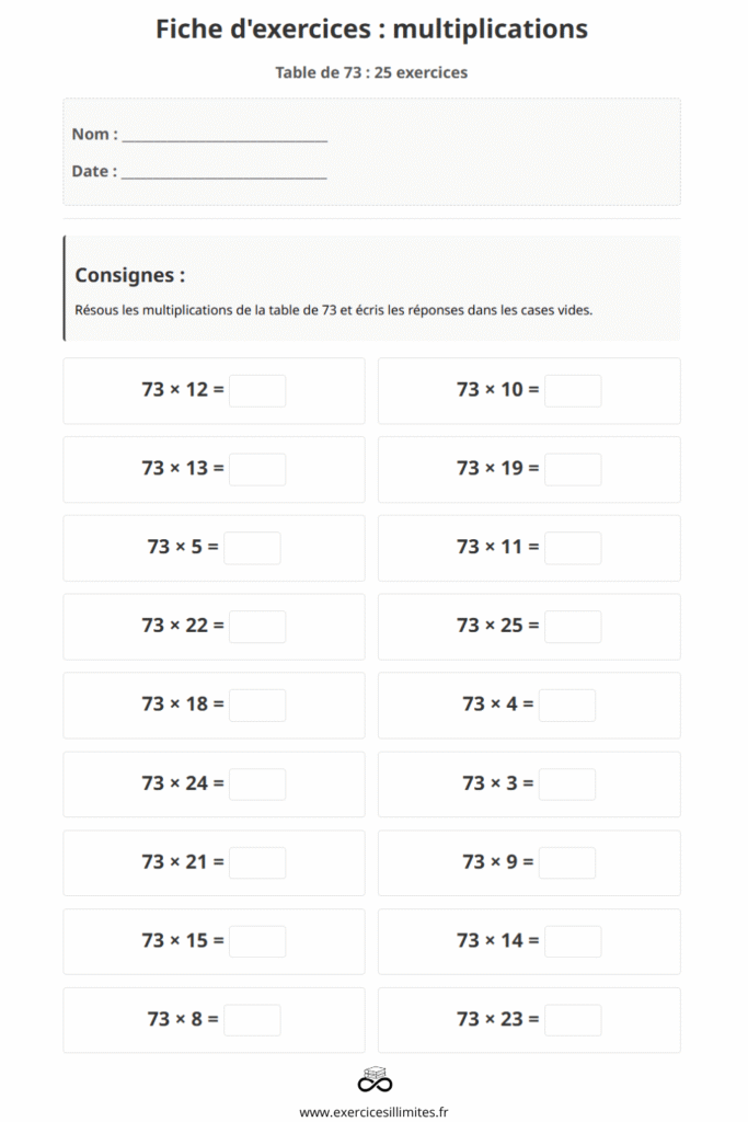 exercice table de multiplication 73